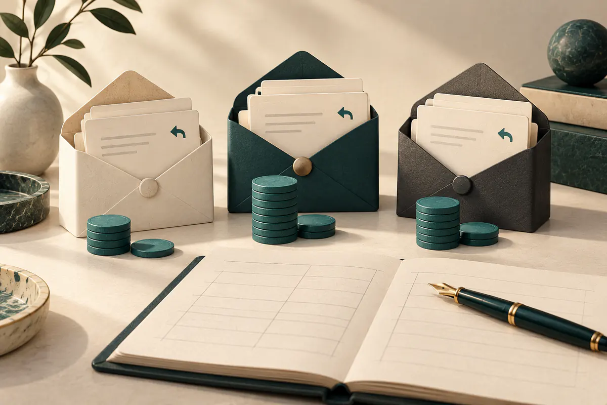 Three elegant envelope organizers each holding drafted reply cards, beside different teal coin stacks and a fountain pen on an unmarked comparison ledger.