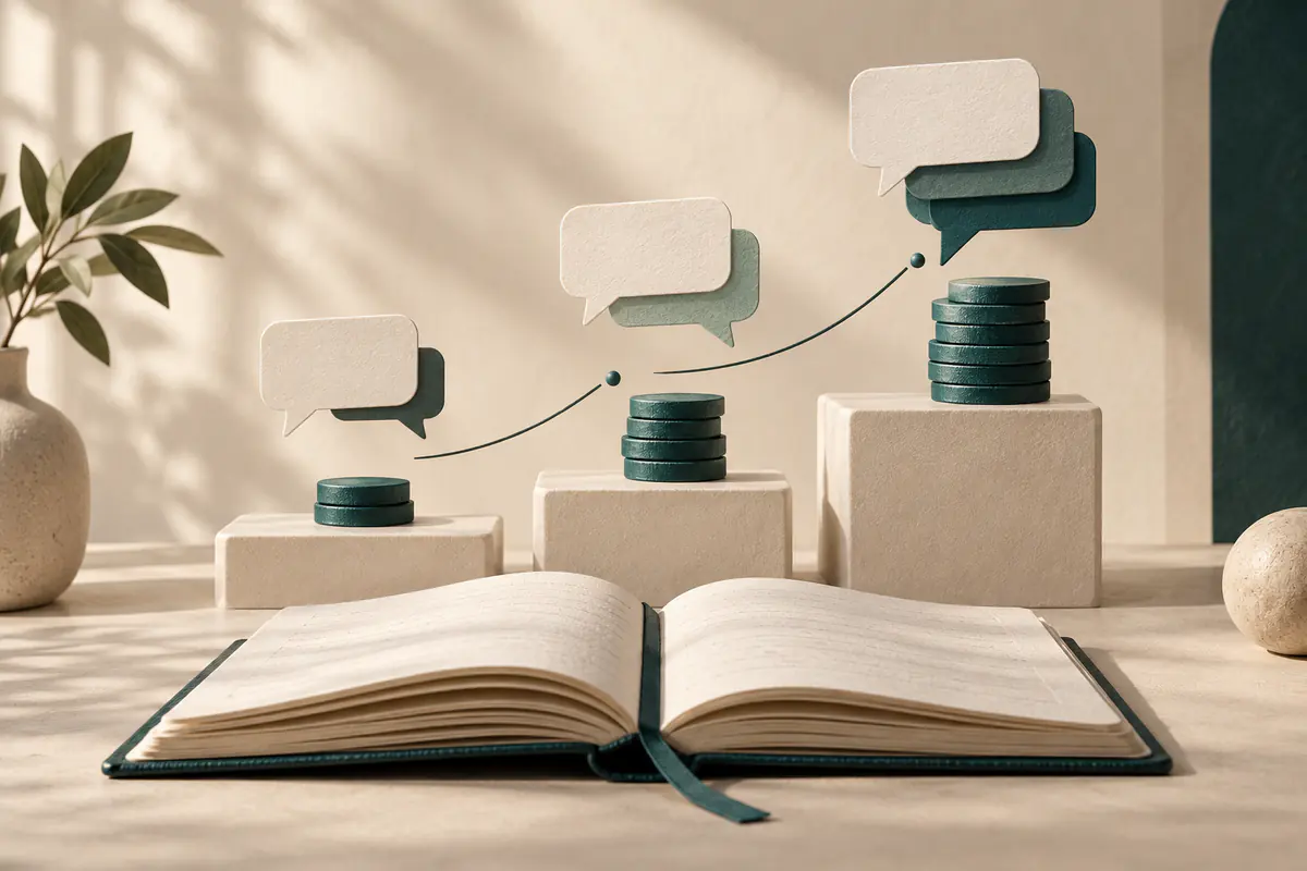 An open conversational notebook with layered paper speech bubbles ascending across three unbranded plan-card plinths, each accompanied by a different teal token stack.