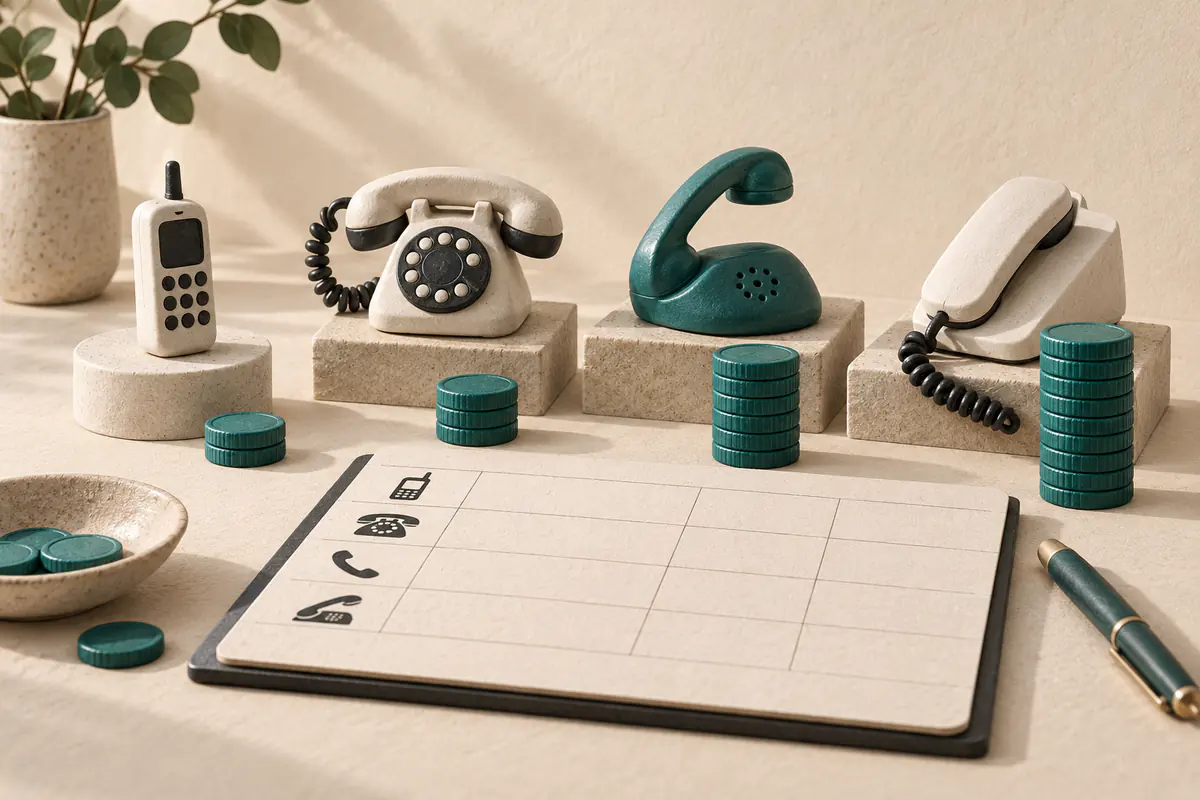 Several miniature ceramic telephone handsets arranged beside small ascending stacks of teal coins and a blank comparison ledger, emphasizing low-cost calling options.