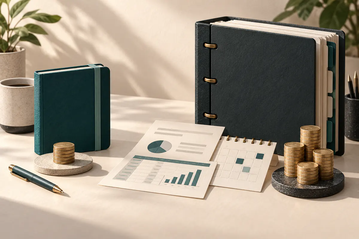 A neat desktop arrangement of a small home notebook beside a larger shared-work binder, paper document spreadsheet and calendar tiles between them and distinct coin stacks, personal versus office subscription.